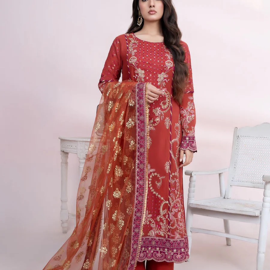 Red And Gold Embroidered Suit Set With Dupatta | Sara Jahan